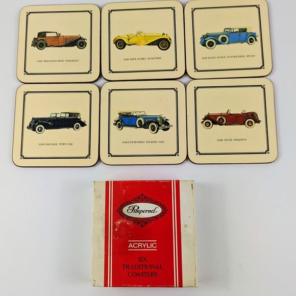 Pimpernel Other - Pimpernel Vintage Drink Coasters Acrylic Classic Cars Made in England Six Cork